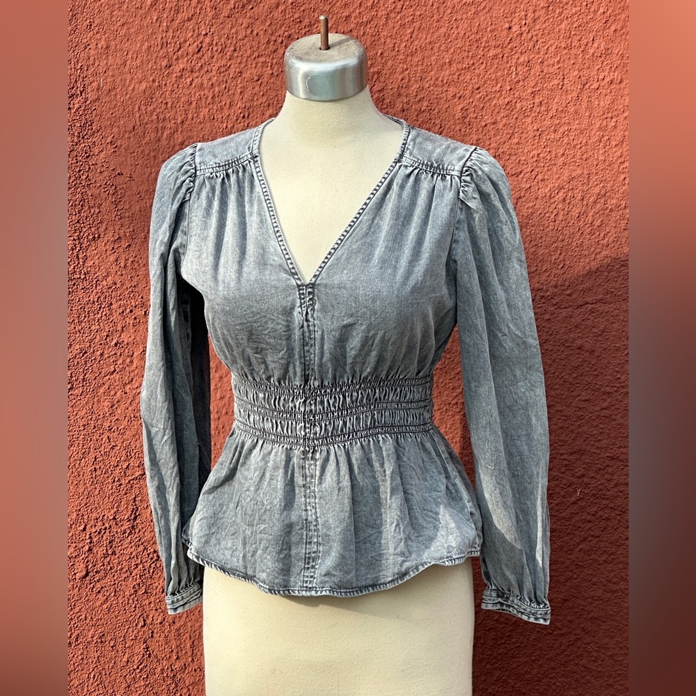 Gap Puff Sleeve Peplum Denim Top S